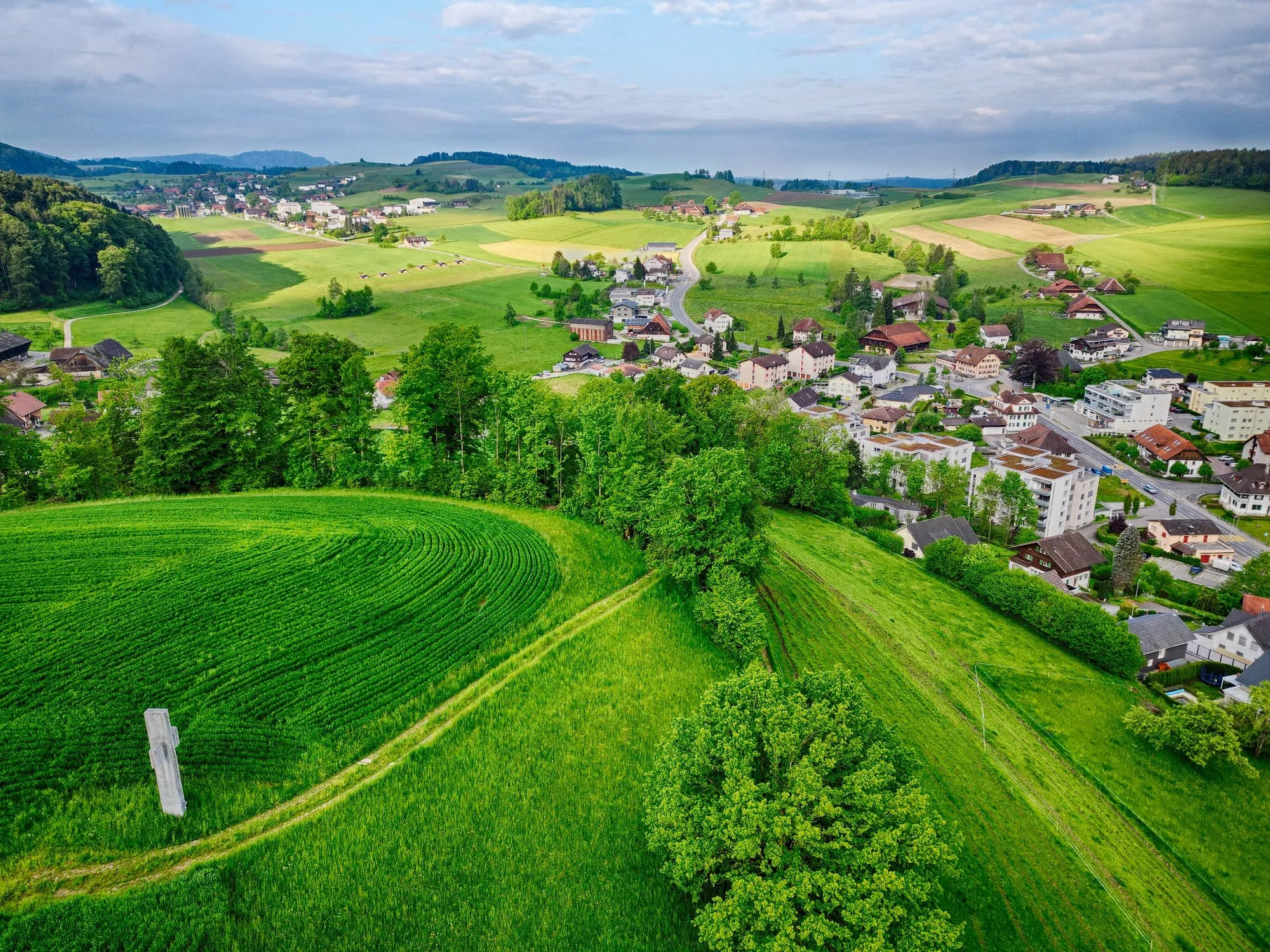 Sanfte grüne Hügel mit verstreuten Höfen rund um Pfaffnau